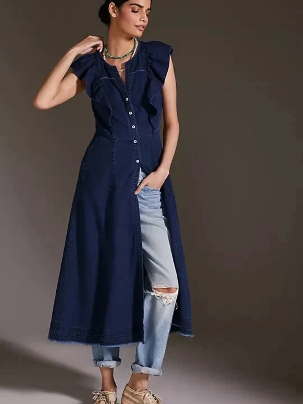Anthropologie pilcro size 10 Sleeveless Dark Blue Denim maxi dress Ruffle Front
